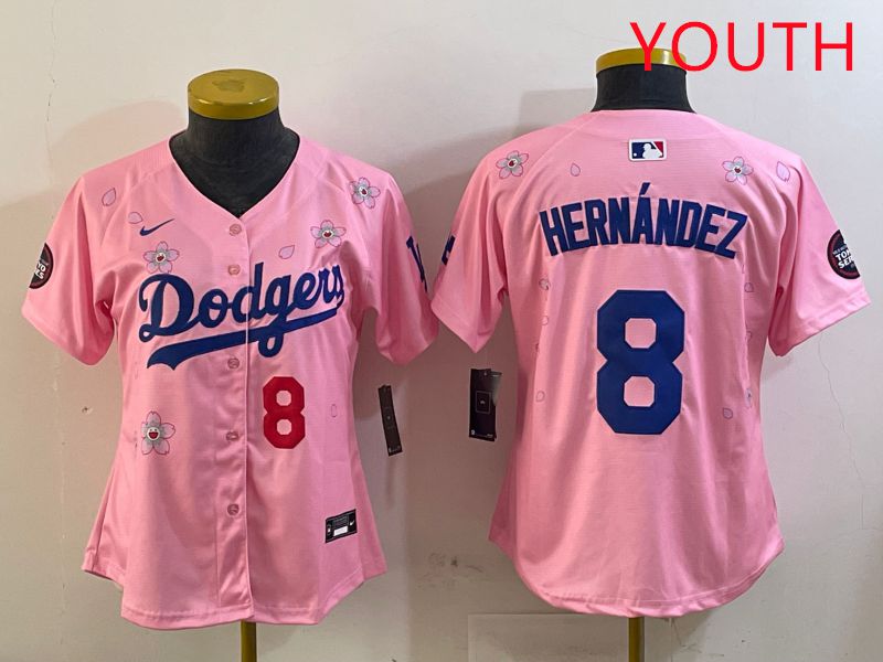 Youth Los Angeles Dodgers #8 Hernandez Pink Sakura Edition 2025 Nike MLB Jersey style 1->youth mlb jersey->Youth Jersey
